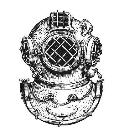 Vintage diver helmet sketch. Sea diving concept. Nautical vector illustration drawn in old engraving style