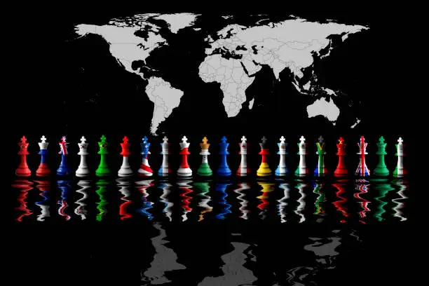 g20 countries flags paint over on chess king. 3D illustration. world map on background.