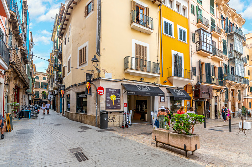 Colorful streets in the historic center old town of the Mediterranean city of Palma de Mallorca on the island of Mallorca, Spain.