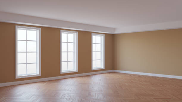 istock Beautiful Interior Corner with Beige Walls, Glossy Herringbone Parquet Floor 1407873455
