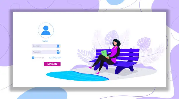 Vector illustration of Web page template with young woman working at home. Freelance, work at home, online job and home office concept. Vector illustration in flat style for poster, banner and website development.
