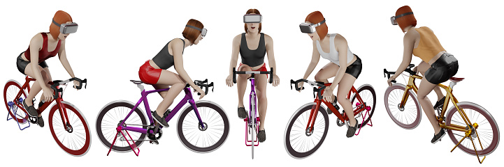 woman wearing VR glasses cycling simulator set included 3d illustration isolated on a white background with clipping path