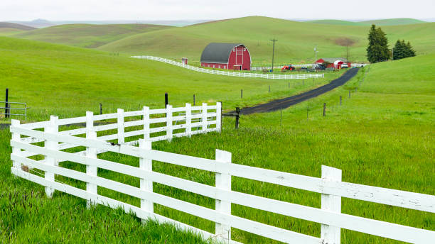 Classic Farm in the Palouse with white fence and red barn stock photo