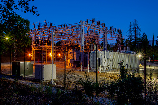 Electrical substation, night.