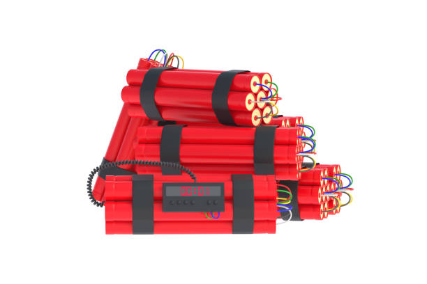 istock Heap of dynamite bombs with digital timer isolated on white background. 3d rendering 1407877911