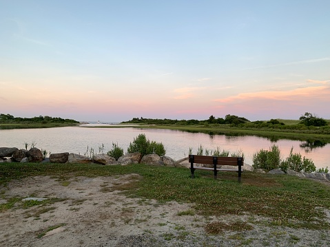 The town beach in Waterford Connecticut  along Long Island Sound at sunset.