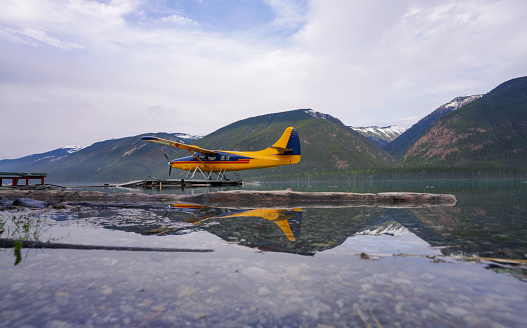 A float plane on a remote mountain lake.