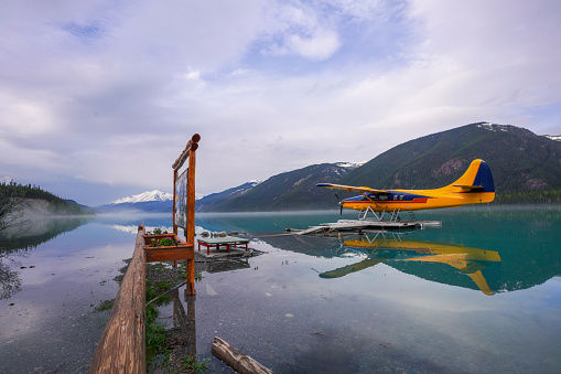 Floatplane on Muncho Lake in northern British Columbia, Canada.