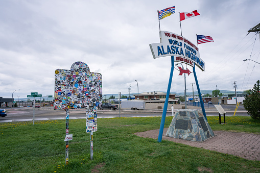 The Alaska Highway sign in Dawson Creek,  built during WW2 that joins Canada and Alaska.