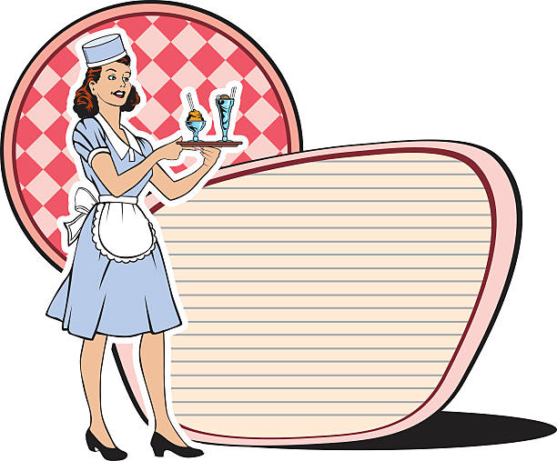 ilustraciones, imágenes clip art, dibujos animados e iconos de stock de retro camarera de los años sesenta - soda fountain