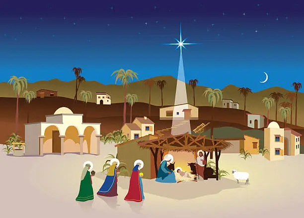 Vector illustration of nativity village - christmas scene and magi