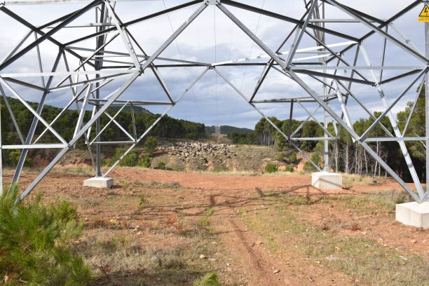 istock Light tower in the mountains with reforested pine forest and firebreak with high voltage line. 1407884837