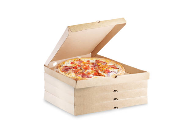 istock Fresh baked pizza carbonare in a box on a white isolated background 1407887048