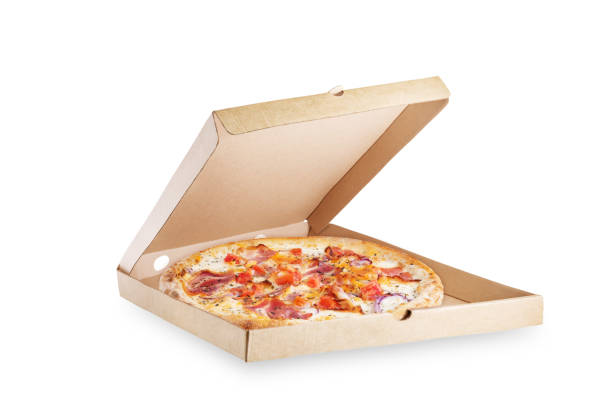 istock Fresh baked pizza carbonare in a box on a white isolated background 1407887055