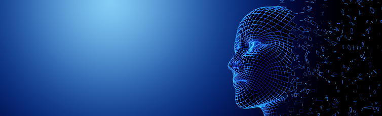Digital human face. Artificial intelligence AI. Dispersion dissolve disintegration. 3d Render illustration.