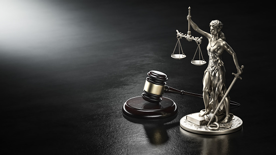 Law Legal System Justice Crime and violence concept. Themis and Gavel. 3d Render illustration.