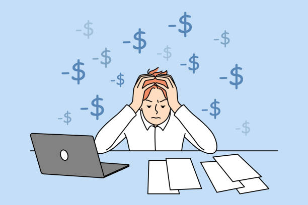 ilustrações de stock, clip art, desenhos animados e ícones de stressed man having financial problems - ansiedade financeira