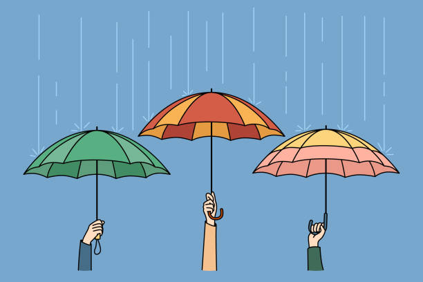 люди, держащие зонтики в дождливую погоду - storm umbrella parasol rain stock illustrations