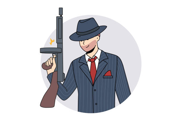 ilustrações de stock, clip art, desenhos animados e ícones de male gangster with gun in hands - gun men spy suit