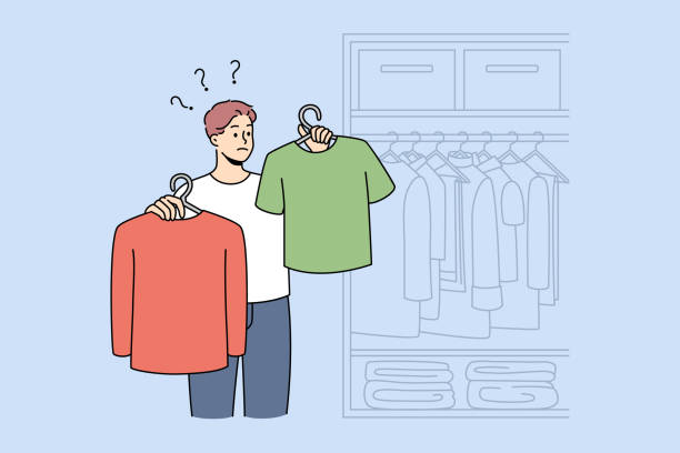 Man choose what to wear in wardrobe vector art illustration