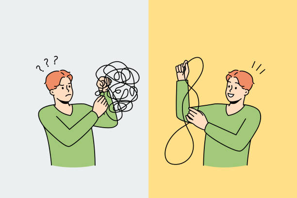 stockillustraties, clipart, cartoons en iconen met man untangle puzzle relieve stress - opluchting