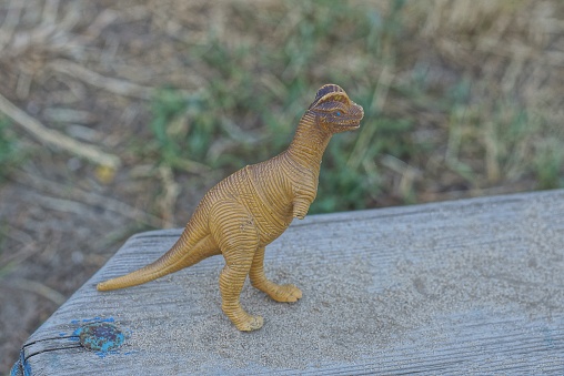 one small plastic brown toy dinosaur  stands on a gray board table in the street