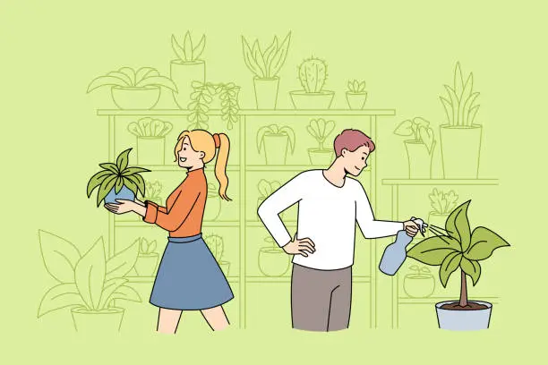 Vector illustration of Couple take acre of plants in house