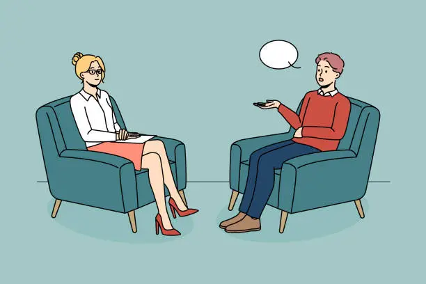 Vector illustration of Man talking with psychologist at session