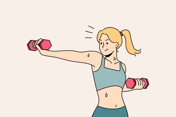 illustrazioni stock, clip art, cartoni animati e icone di tendenza di donna in forma con manubrio che si allenano - body building energy strength power