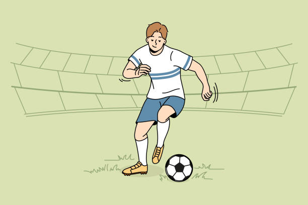 illustrations, cliparts, dessins animés et icônes de joueur de football avec ballon sur le terrain - soccer vector silhouette professional sport