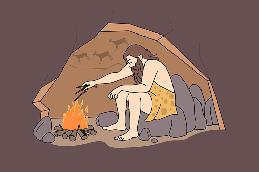 Caveman sitting in cave near bonfire warming. Male prehistoric person making fire during ancient ages. Vector illustration.