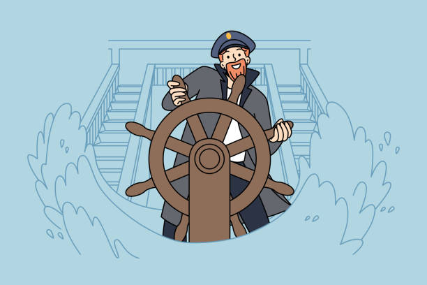 illustrazioni stock, clip art, cartoni animati e icone di tendenza di capitano sorridente alla nave durante la tempesta - capitano di squadra