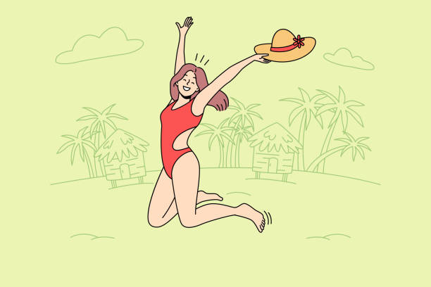 Happy woman in swimsuit jumping on beach vector art illustration