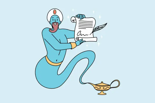 Vector illustration of Blue genie granting wishes