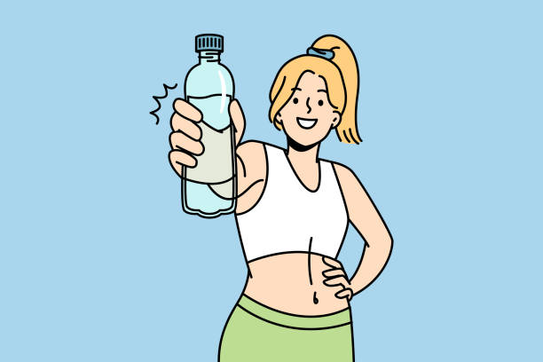 ilustraciones, imágenes clip art, dibujos animados e iconos de stock de mujer sonriente en forma recomienda beber agua - common women teenage girls exercising