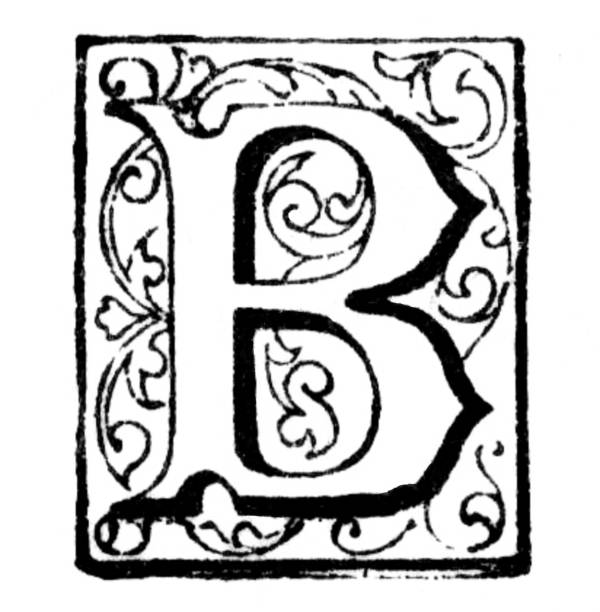 Letter B, Ornate Capital B in ornate vine design. Published 1899. Source: Original edition is from my own archives. Copyright has expired and is in Public Domain. fancy letter b drawing stock illustrations