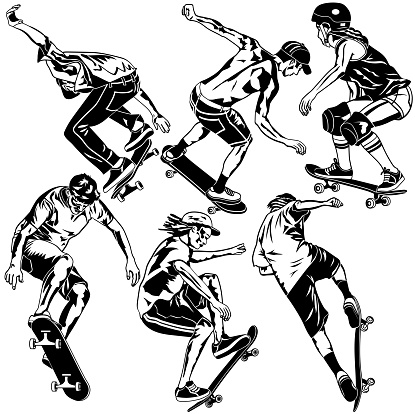 Set of vector silhouettes of skateboarders on white background