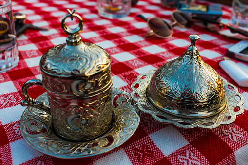 Try the taste of Turkish coffee with the silver set decorated with Anatolian motifs.