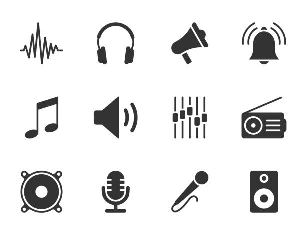 Music related symbols, such as: microphone, speaker, headphones, megaphone, music note, and etc. Flat vector illustration. Music related symbols, such as: microphone, speaker, headphones, megaphone, music note, and etc. Flat vector illustration Announcement Message stock illustrations