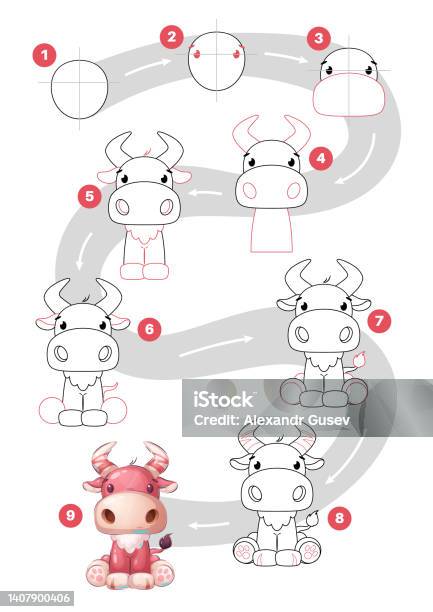 Anak Sapi Drawing Tutorial Karakter Kartun Sapi Hewan Merah Tutorial Menggambar Ilustrasi Stok ...