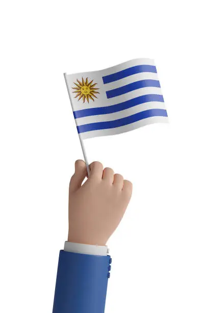 Cartoon hand with the flag of Uruguay. 3d illustration.
