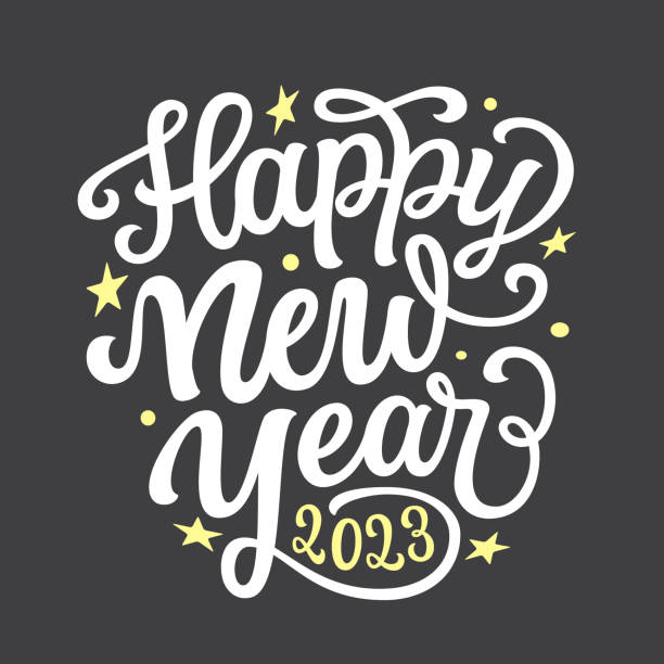 Happy New Year 2023. Hand lettering Happy New Year 2023. Hand lettering text on black background. Vector typography for posters, cards, wrapping paper, gift bags happy new year stock illustrations