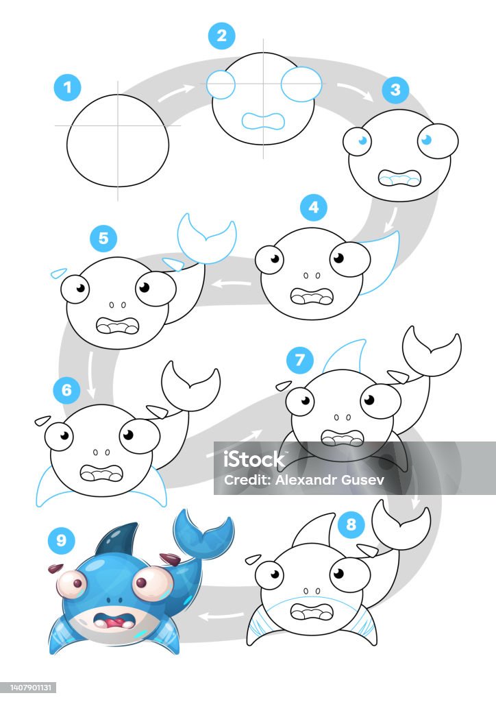 Cartoon Character Animal Fish Shark Drawing Tutorial Stock Illustration -  Download Image Now - iStock