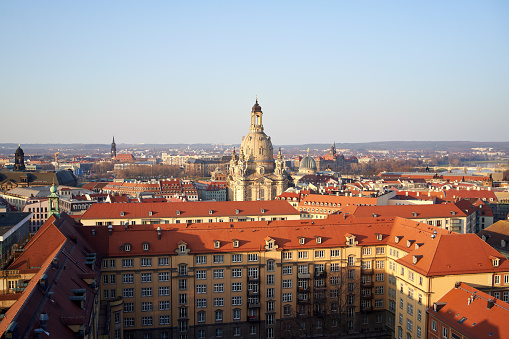 Dresden, Germany - March 24, 2022: Panorama of the town with the Frauenkirche church