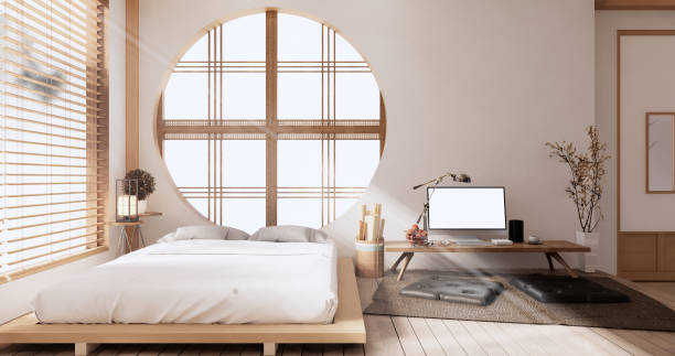 istock Modern peaceful Bedroom. japan style bedroom.3D rendering 1407903360