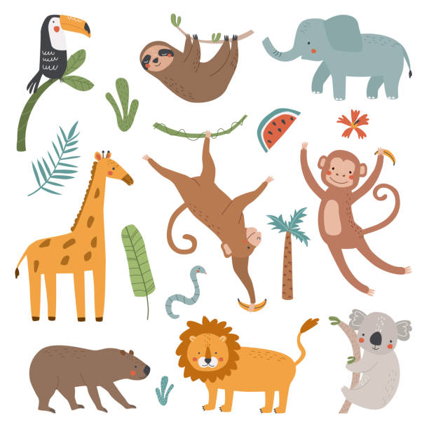 ilustrações, clipart, desenhos animados e ícones de cenário com animais fofos preguiça, girafa, elefante, capivara, leão e macaco em um fundo branco. ilustração vetorial para impressão em tecido, papel de embrulho, roupas. fundo de bebê bonito. - animal de safari