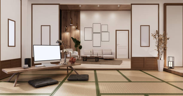 istock Living room interior on tatami mat floor, computer on low table and pillow.3D rendering 1407903381