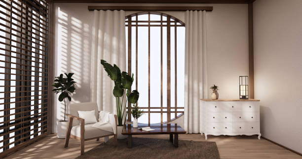 istock Sofa on room tropical interior with tatami mat floor and white wall.3D rendering 1407903471