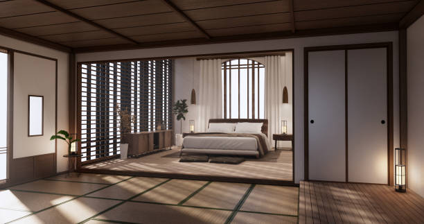 istock Modern peaceful Bedroom. japan style bedroom.3D rendering 1407903472