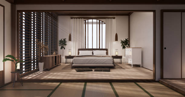 istock Modern peaceful Bedroom. japan style bedroom.3D rendering 1407903484